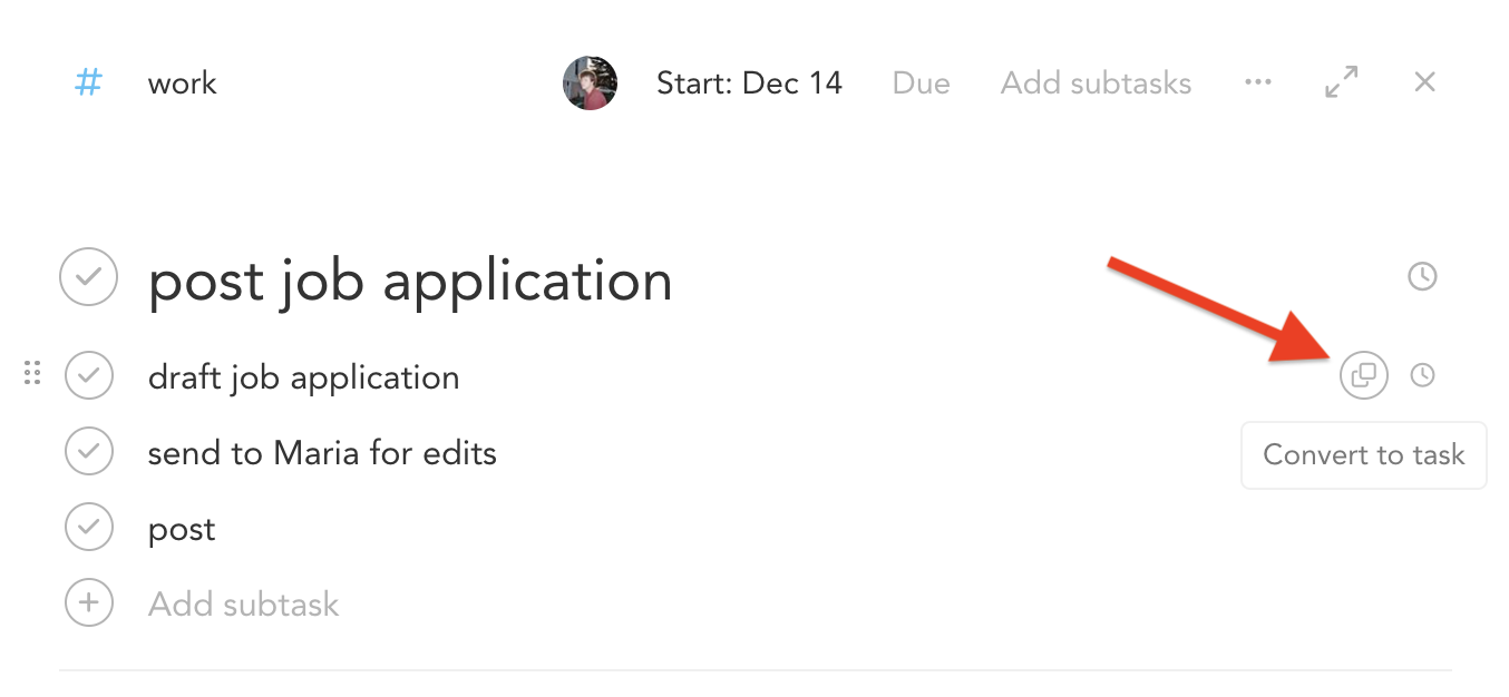 Converting a subtask to a task