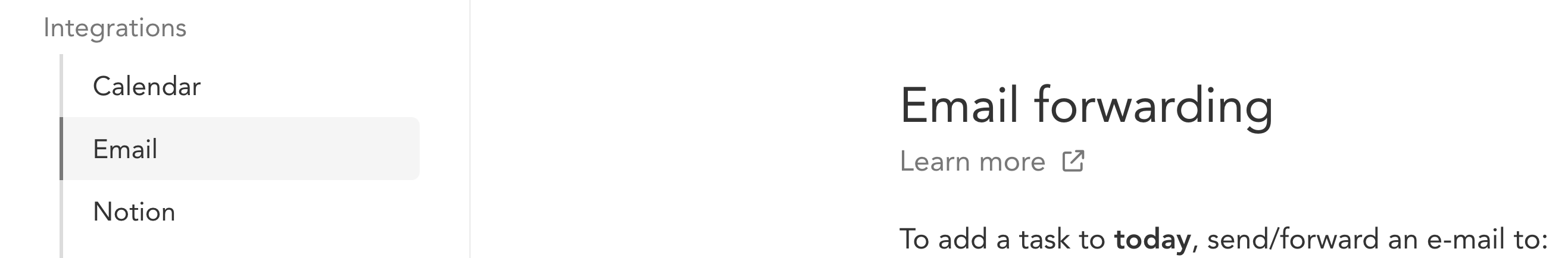 Email forwarding addresses in settings