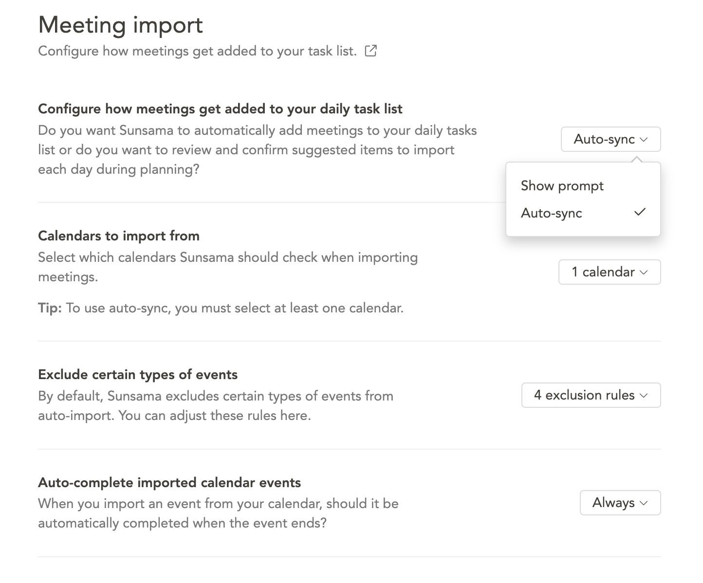 Auto-sync setting for meeting import