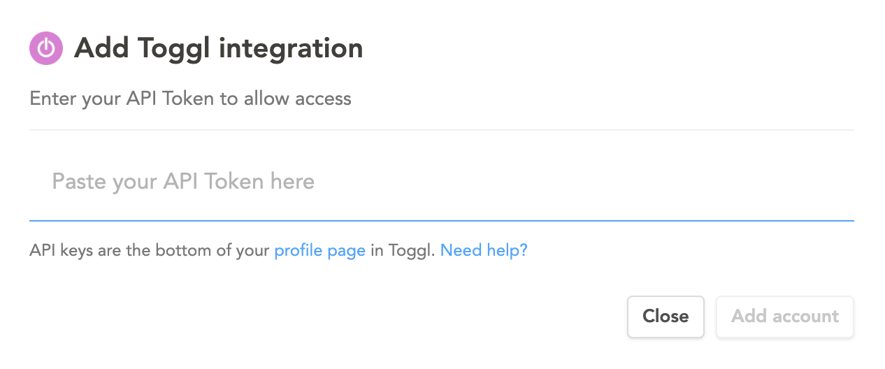 Toggl API token setup
